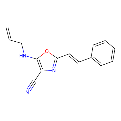 2-[(E)-2-phenylethenyl]-5-(prop-2-enylamino)-1,3-oxazole-4-carbonitrile structure