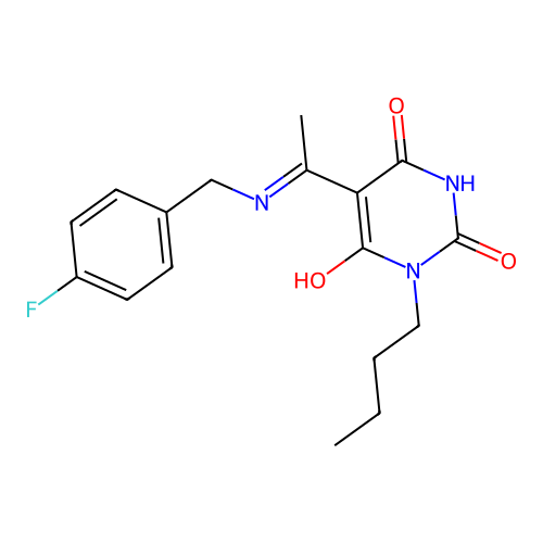 (5E)-1-butyl-5-[1-[(4-fluorophenyl)methylamino]ethylidene]-1,3-diazinane-2,4,6-trione structure