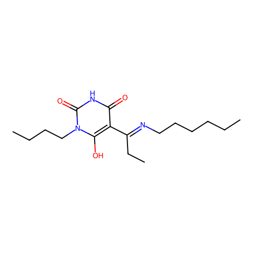 (5E)-1-butyl-5-[1-(hexylamino)propylidene]-1,3-diazinane-2,4,6-trione structure