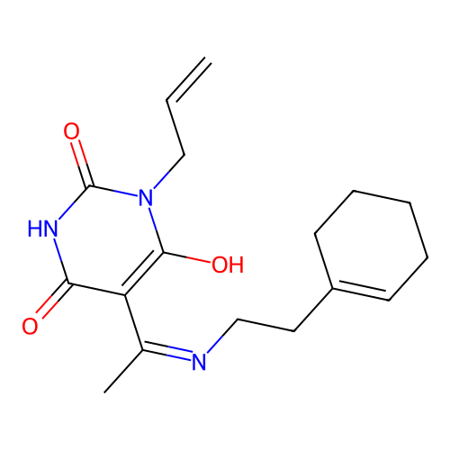 (E)-1-allyl-5-(1-((2-(cyclohex-1-en-1-yl)ethyl)amino)ethylidene)pyrimidine-2,4,6(1H,3H,5H)-trione structure