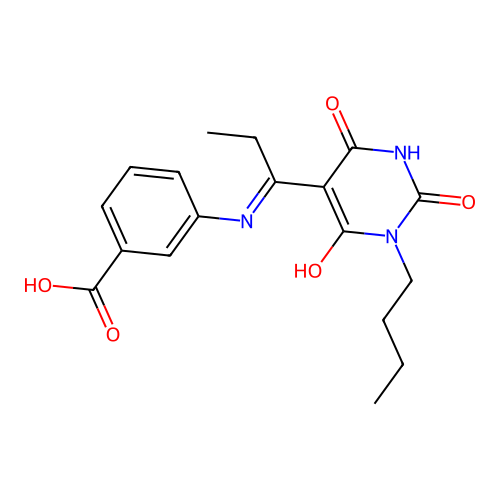 3-[[(1E)-1-(1-butyl-2,4,6-trioxo-1,3-diazinan-5-ylidene)propyl]amino]benzoic acid structure