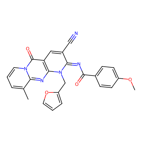 N-[3-Cyano-1-furan-2-ylmethyl-8-methyl-10-oxo-1,10-dihydro-1,9,10a-triaza-anthracen-(2E)-ylidene]-4- methoxy-benzamide structure