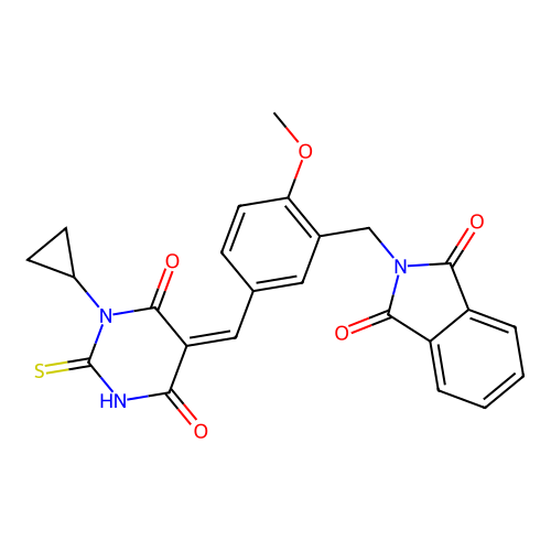2-[[5-[(Z)-(1-cyclopropyl-4,6-dioxo-2-sulfanylidene-1,3-diazinan-5-ylidene)methyl]-2-methoxyphenyl]methyl]isoindole-1,3-dione structure