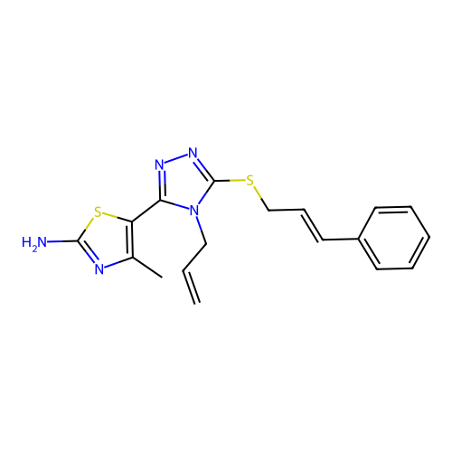 (E)-5-(4-allyl-5-(cinnamylthio)-4H-1,2,4-triazol-3-yl)-4-methylthiazol-2-amine structure