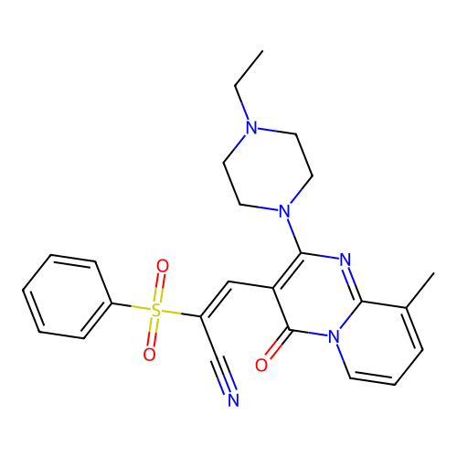(2E)-2-(BENZENESULFONYL)-3-[2-(4-ETHYLPIPERAZIN-1-YL)-9-METHYL-4-OXO-4H-PYRIDO[1,2-A]PYRIMIDIN-3-YL]PROP-2-ENENITRILE structure