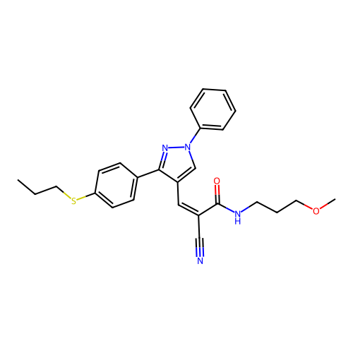 (2Z)-2-cyano-N-(3-methoxypropyl)-3-{1-phenyl-3-[4-(propylsulfanyl)phenyl]-1H-pyrazol-4-yl}prop-2-enamide structure