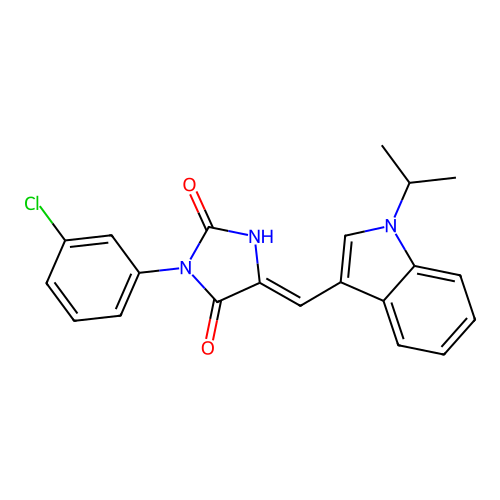 (Z)-3-(3-chlorophenyl)-5-((1-isopropyl-1H-indol-3-yl)methylene)imidazolidine-2,4-dione structure