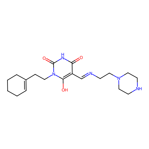 (5E)-1-[2-(cyclohex-1-en-1-yl)ethyl]-2-hydroxy-5-({[2-(piperazin-1-yl)ethyl]amino}methylidene)pyrimidine-4,6(1H,5H)-dione structure