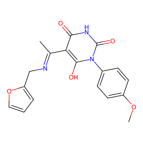 (Z)-5-(1-((furan-2-ylmethyl)amino)ethylidene)-1-(4-methoxyphenyl)pyrimidine-2,4,6(1H,3H,5H)-trione structure