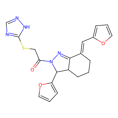 1-[(7E)-3-(2-furanyl)-7-(2-furanylmethylene)-3,3a,4,5,6,7-hexahydro-2Hindazol-2-yl]-2-(1H-1,2,4-triazol-5-ylthio)-ethanone structure