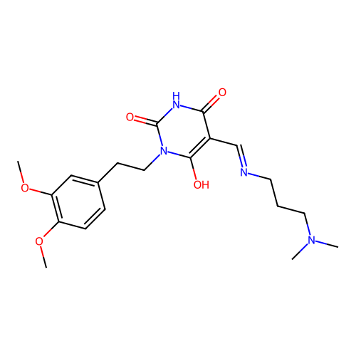 (E)-1-(3,4-dimethoxyphenethyl)-5-(((3-(dimethylamino)propyl)amino)methylene)pyrimidine-2,4,6(1H,3H,5H)-trione structure