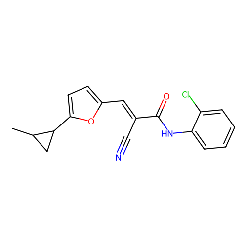 (E)-N-(2-Chloro-phenyl)-2-cyano-3-[5-(2-methyl-cyclopropyl)-furan-2-yl]-acrylamide structure