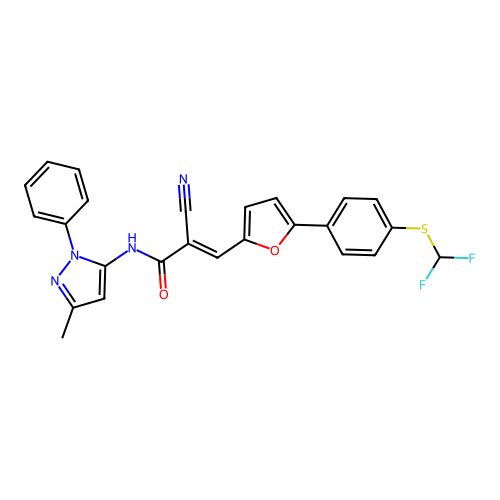 (E)-2-cyano-3-[5-[4-(difluoromethylsulfanyl)phenyl]furan-2-yl]-N-(5-methyl-2-phenylpyrazol-3-yl)prop-2-enamide structure