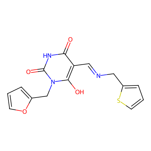 1-(2-furylmethyl)-5-{[(2-thienylmethyl)amino]methylene}-1,3-dihydropyrimidine- 2,4,6-trione structure