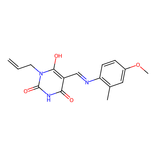 5-[(4-methoxy-2-methylanilino)methylidene]-1-prop-2-enyl-1,3-diazinane-2,4,6-trione structure