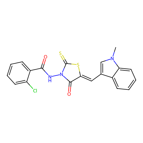 (Z)-2-chloro-N-(5-((1-methyl-1H-indol-3-yl)methylene)-4-oxo-2-thioxothiazolidin-3-yl)benzamide structure