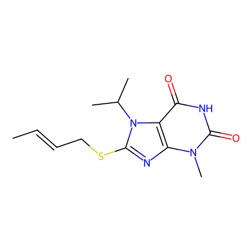 8-[((E)-But-2-enyl)sulfanyl]-7-isopropyl-3-methyl-3,7-dihydro-purine-2,6-dione structure