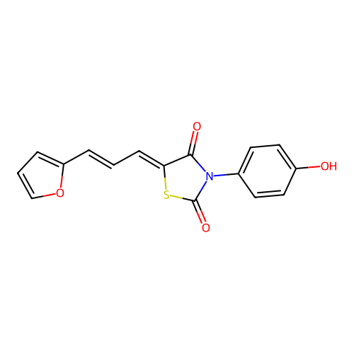 (5Z)-5-[(E)-3-(furan-2-yl)prop-2-enylidene]-3-(4-hydroxyphenyl)-1,3-thiazolidine-2,4-dione structure