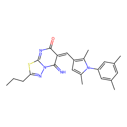(6E)-6-[[1-(3,5-dimethylphenyl)-2,5-dimethylpyrrol-3-yl]methylidene]-5-imino-2-propyl-[1,3,4]thiadiazolo[3,2-a]pyrimidin-7-one structure