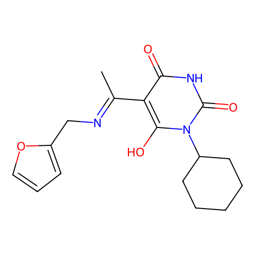 (5Z)-1-cyclohexyl-5-[1-(furan-2-ylmethylamino)ethylidene]-1,3-diazinane-2,4,6-trione structure