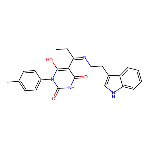 5-[1-[2-(1H-Indol-3-yl)-ethylamino]-prop-(E)-ylidene]-1-p-tolyl-pyrimidine-2,4,6-trione structure