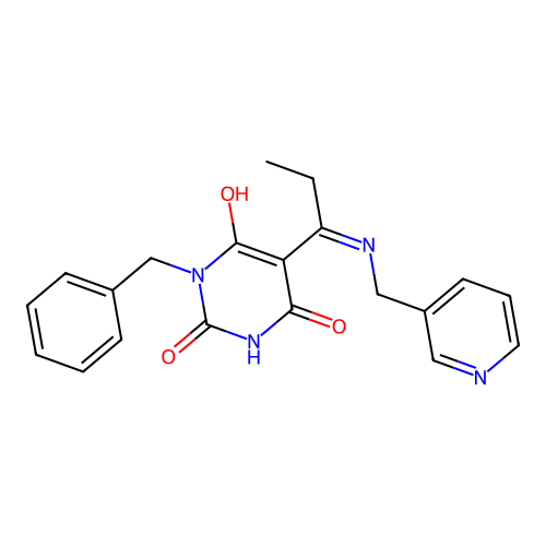 (E)-1-benzyl-5-(1-((pyridin-3-ylmethyl)amino)propylidene)pyrimidine-2,4,6(1H,3H,5H)-trione structure