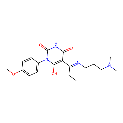 (5E)-5-[1-[3-(dimethylamino)propylamino]propylidene]-1-(4-methoxyphenyl)-1,3-diazinane-2,4,6-trione structure