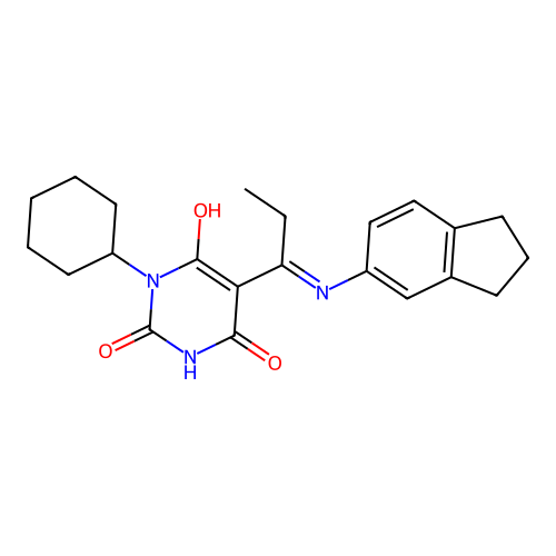 (5E)-1-cyclohexyl-5-[1-(2,3-dihydro-1H-inden-5-ylamino)propylidene]-1,3-diazinane-2,4,6-trione structure