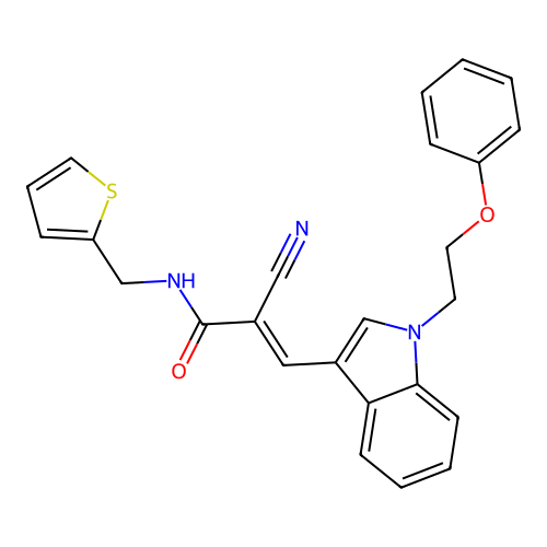 2-Cyano-3-[1-(2-phenoxy-ethyl)-1H-indol-3-yl]-N-thiophen-2-ylmethyl-acrylamide structure
