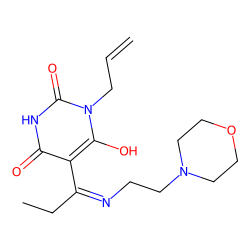 (E)-1-allyl-5-(1-((2-morpholinoethyl)amino)propylidene)pyrimidine-2,4,6(1H,3H,5H)-trione structure