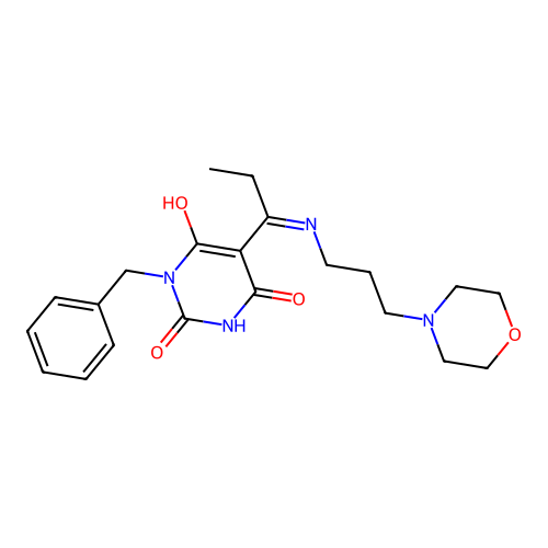 (5E)-1-benzyl-5-[1-(3-morpholin-4-ylpropylamino)propylidene]-1,3-diazinane-2,4,6-trione structure