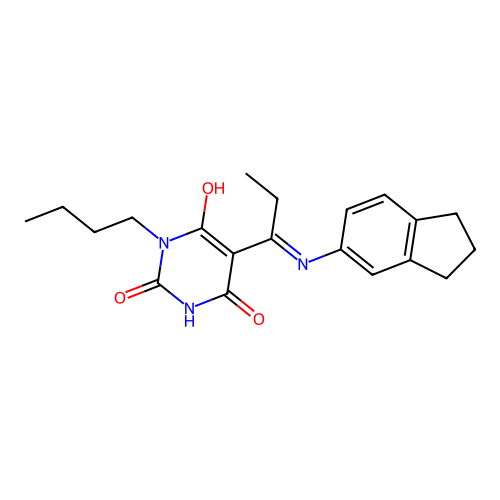 (5E)-1-butyl-5-[1-(2,3-dihydro-1H-inden-5-ylamino)propylidene]-1,3-diazinane-2,4,6-trione structure