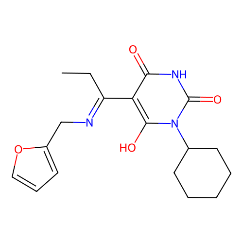(5E)-1-cyclohexyl-5-[1-(furan-2-ylmethylamino)propylidene]-1,3-diazinane-2,4,6-trione structure