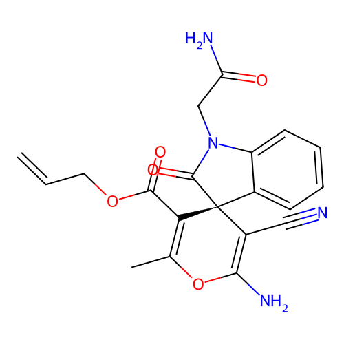 (R)-allyl 2'-amino-1-(2-amino-2-oxoethyl)-3'-cyano-6'-methyl-2-oxospiro[indoline-3,4'-pyran]-5'-carboxylate structure