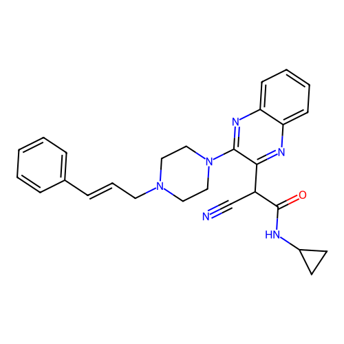 (E)-2-(3-(4-cinnamylpiperazin-1-yl)quinoxalin-2-yl)-2-cyano-N-cyclopropylacetamide structure