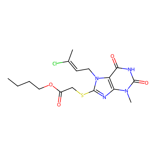 butyl 2-[7-[(E)-3-chlorobut-2-enyl]-3-methyl-2,6-dioxopurin-8-yl]sulfanylacetate structure