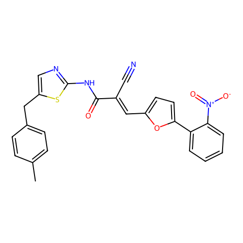(E)-2-cyano-N-(5-(4-methylbenzyl)thiazol-2-yl)-3-(5-(2-nitrophenyl)furan-2-yl)acrylamide structure