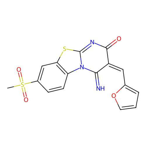 (3E)-3-(furan-2-ylmethylidene)-4-imino-8-methylsulfonylpyrimido[2,1-b][1,3]benzothiazol-2-one structure