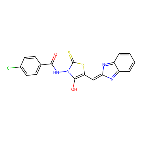 N-[(5E)-5-[(1H-1,3-benzodiazol-2-yl)methylidene]-4-oxo-2-sulfanylidene-1,3-thiazolidin-3-yl]-4-chlorobenzamide structure