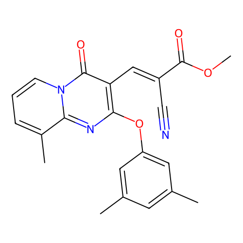 (E)-2-Cyano-3-[2-(3,5-dimethyl-phenoxy)-9-methyl-4-oxo-4H-pyrido[1,2-a]pyrimidin-3-yl]-acrylic acid methyl ester structure