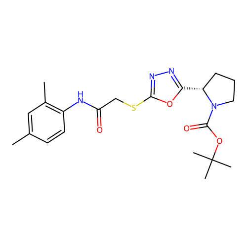 (S)-tert-butyl 2-(5-((2-((2,4-dimethylphenyl)amino)-2-oxoethyl)thio)-1,3,4-oxadiazol-2-yl)pyrrolidine-1-carboxylate structure