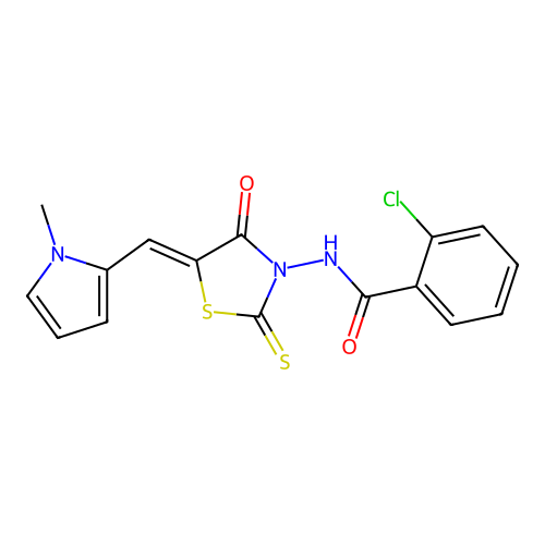 (Z)-2-chloro-N-(5-((1-methyl-1H-pyrrol-2-yl)methylene)-4-oxo-2-thioxothiazolidin-3-yl)benzamide structure