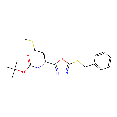 (S)-tert-butyl (1-(5-(benzylthio)-1,3,4-oxadiazol-2-yl)-3-(methylthio)propyl)carbamate structure