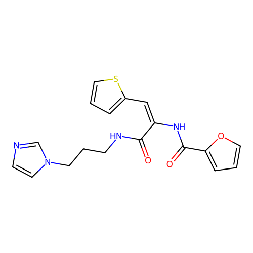 N-[(E)-3-(3-imidazol-1-ylpropylamino)-3-oxo-1-thiophen-2-ylprop-1-en-2-yl]furan-2-carboxamide structure