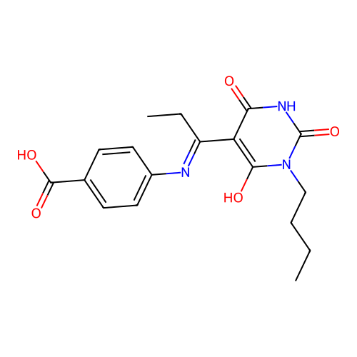 4-[[(1E)-1-(1-butyl-2,4,6-trioxo-1,3-diazinan-5-ylidene)propyl]amino]benzoic acid structure