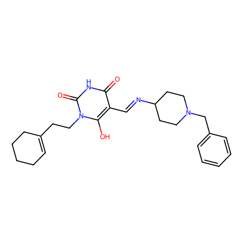 (5Z)-5-[[(1-benzylpiperidin-4-yl)amino]methylidene]-1-[2-(cyclohexen-1-yl)ethyl]-1,3-diazinane-2,4,6-trione structure