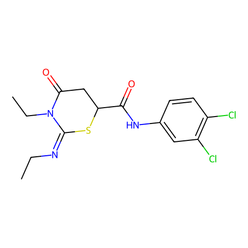 (2Z)-N-(3,4-dichlorophenyl)-3-ethyl-2-(ethylimino)-4-oxo-1,3-thiazinane-6-carboxamide structure