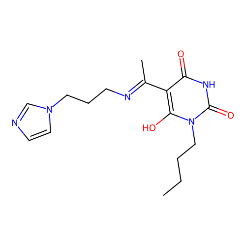 (5E)-1-butyl-5-[1-(3-imidazol-1-ylpropylamino)ethylidene]-1,3-diazinane-2,4,6-trione structure