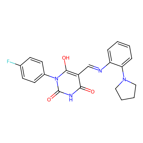 (5E)-1-(4-fluorophenyl)-5-[(2-pyrrolidin-1-ylanilino)methylidene]-1,3-diazinane-2,4,6-trione structure