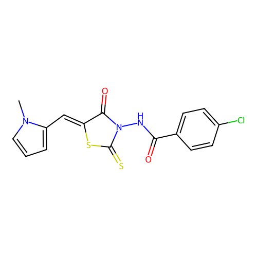 (Z)-4-chloro-N-(5-((1-methyl-1H-pyrrol-2-yl)methylene)-4-oxo-2-thioxothiazolidin-3-yl)benzamide structure